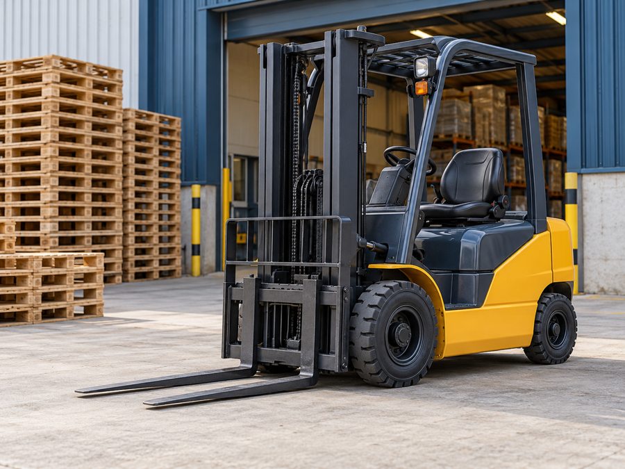 Parked forklift with lowered forks beside pallets at a warehouse