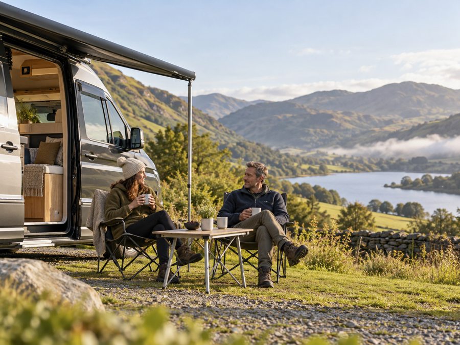 Travellers outside a campervan at a countryside campsite