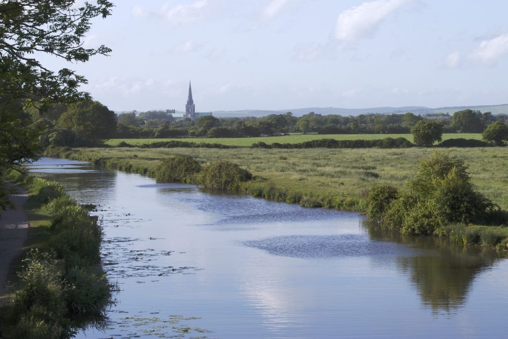 View to Chichester Cathedral from canal. West Sussex. England