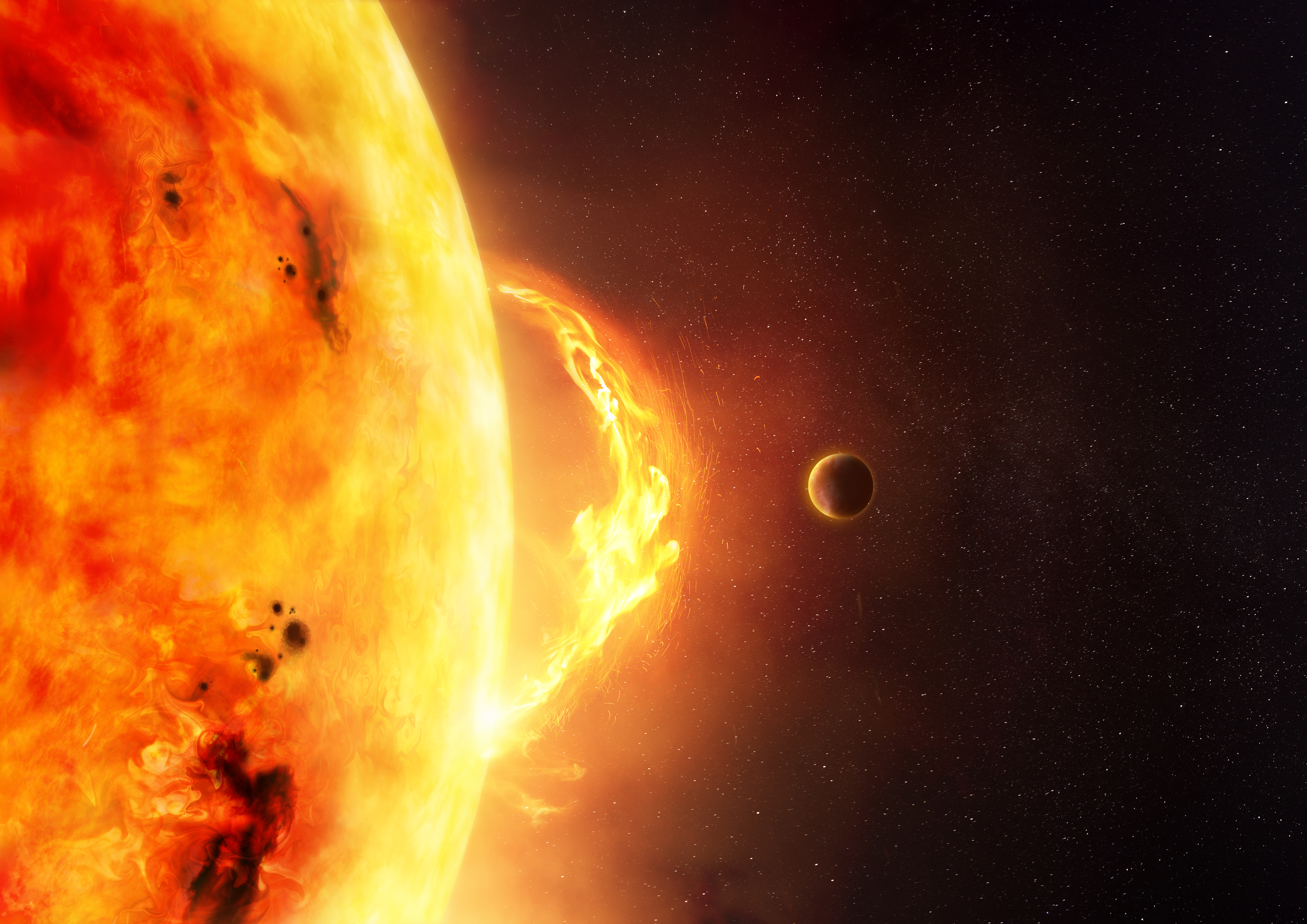 Mặt trời - Tia lửa mặt trời.  Hình minh họa mặt trời và mặt trời bùng phát với một hành tinh để cung cấp tỷ lệ cho kích thước của ngọn lửa.