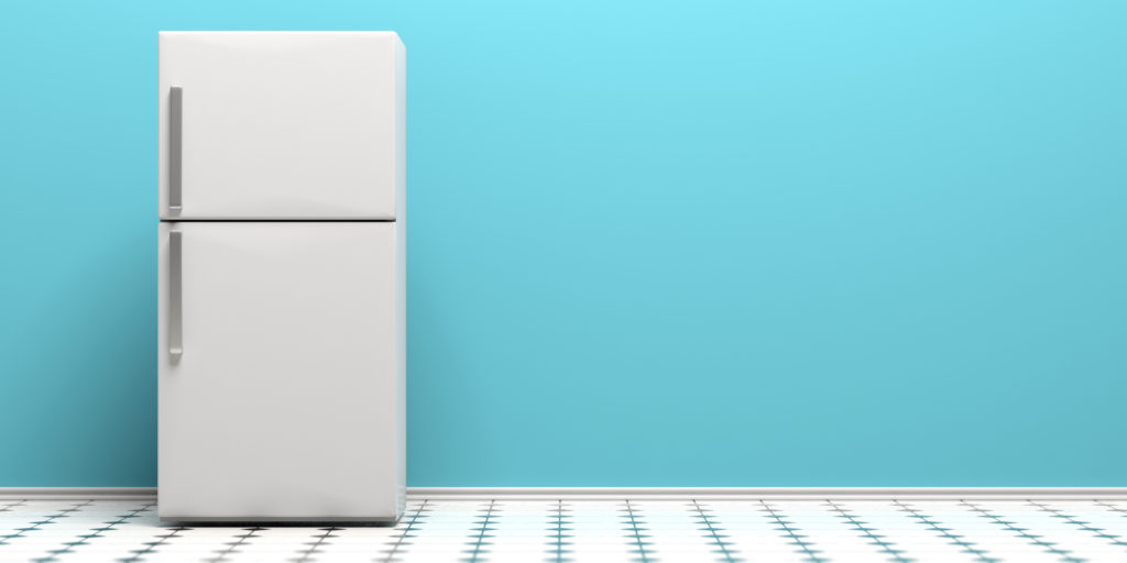 Refrigerator, fridge on kitchen tiled floor, blue wall background, copy space. 3d illustration