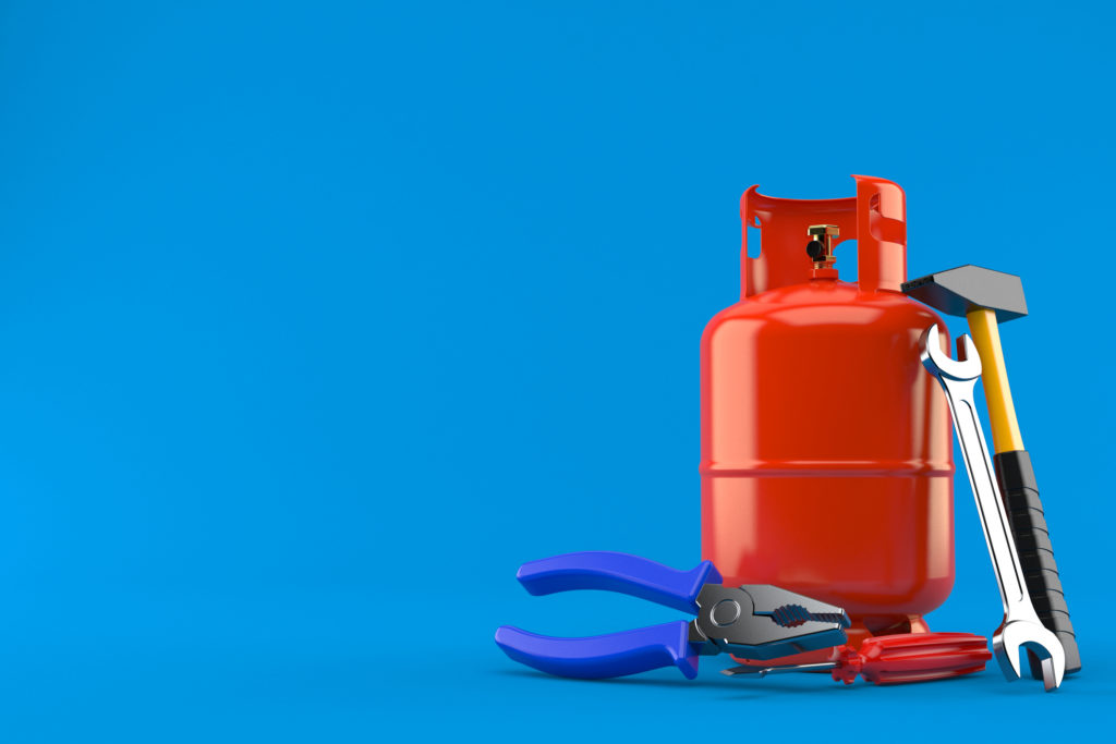 Propane bottle with work tools isolated on blue background. 3d illustration