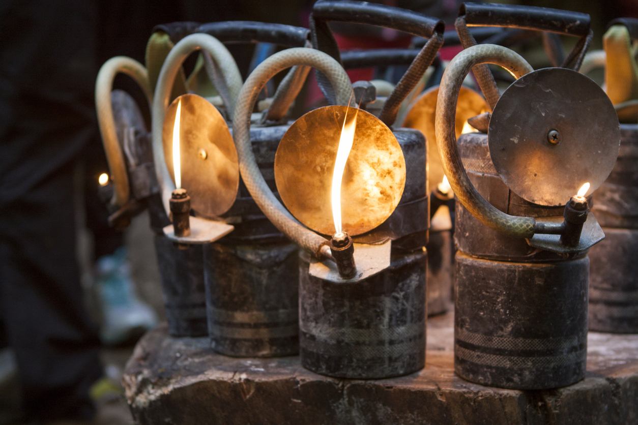 Carbide mining lamps in ice cage Slovenia