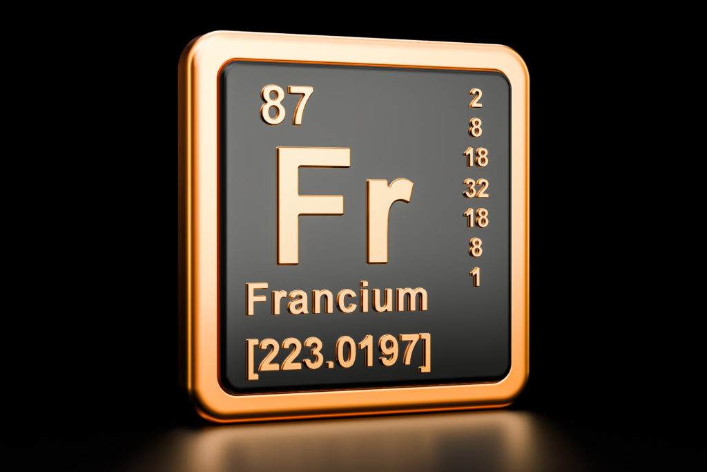 Francium Fr, chemical element. 3D rendering isolated on black background