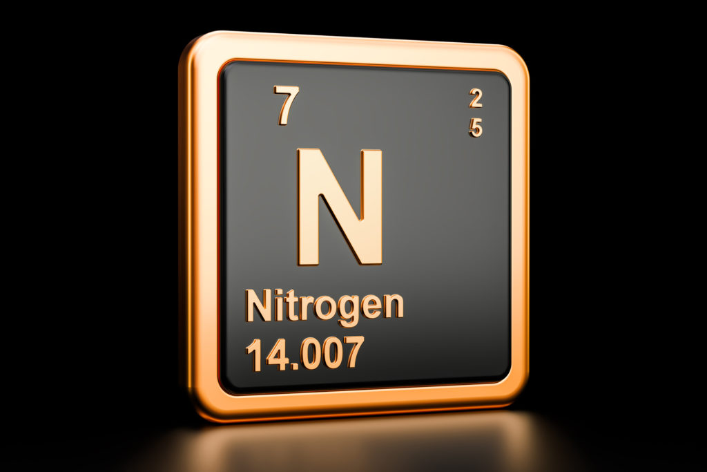 Nitrogen N, chemical element. 3D rendering isolated on black background