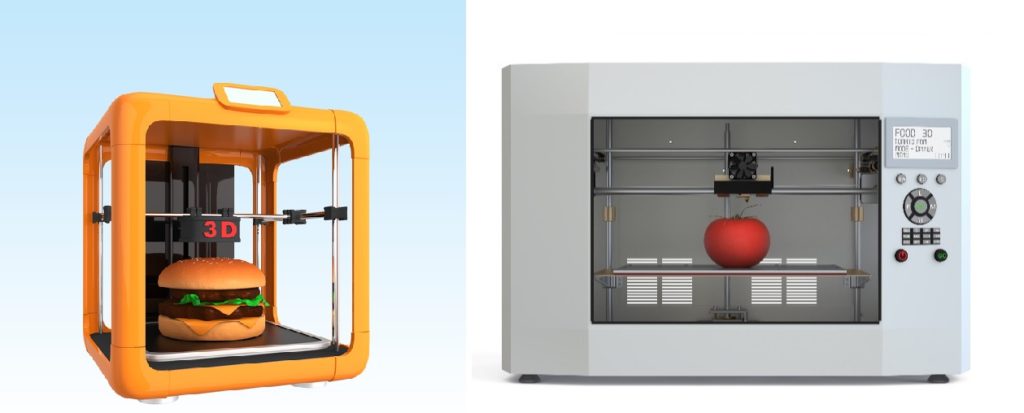 3D printer and hamburger, concept for food printing.