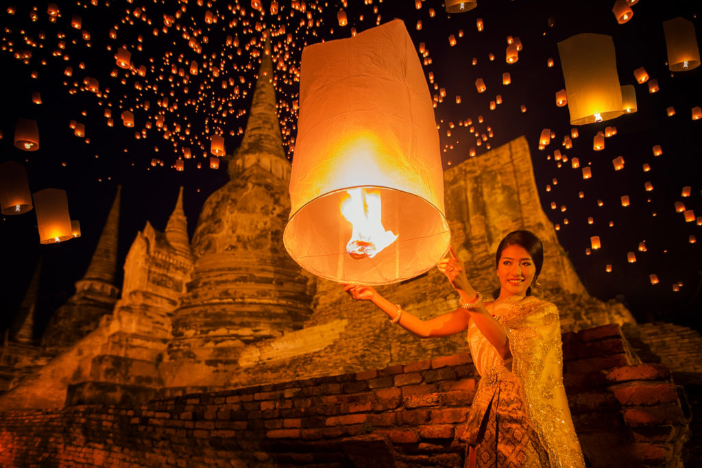 Thai lady enjoy yeepeng festival in Thailand, Asia travel concept
