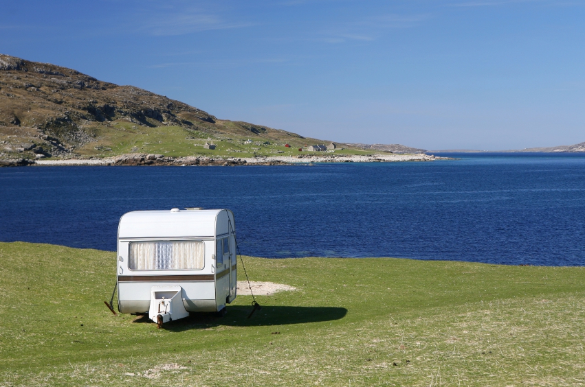 Lonely caravan over looking sea loch, Isle of Harris, Outer Hebrides