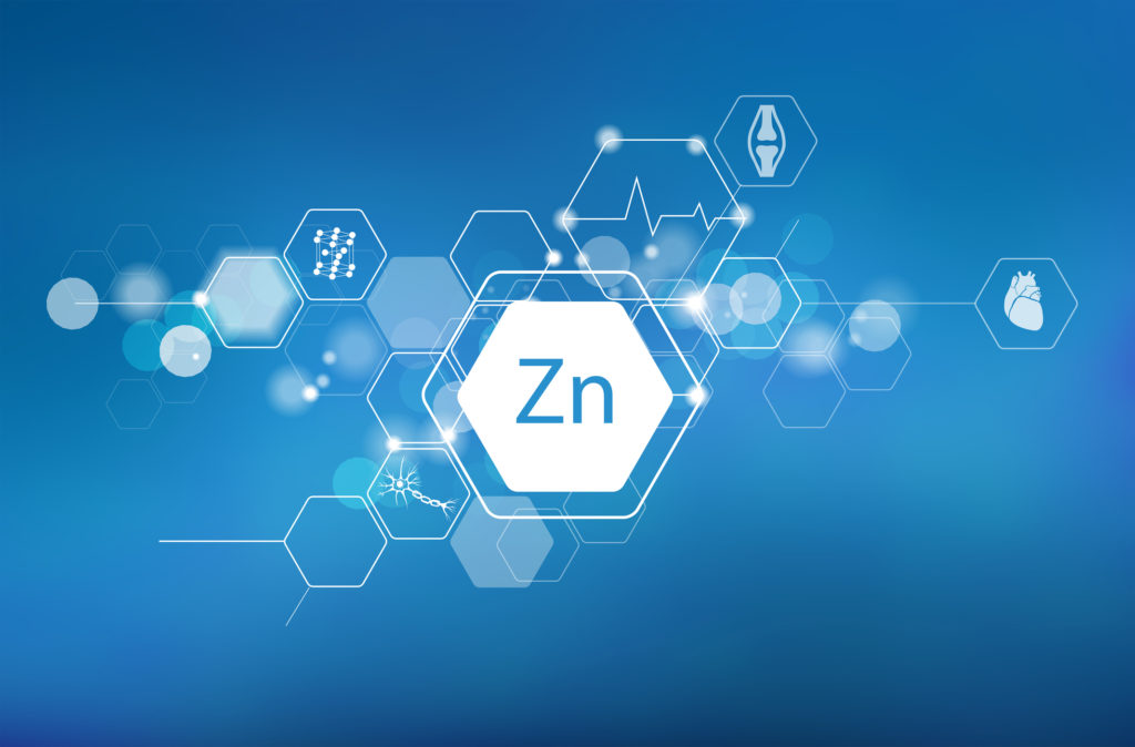 Zinc. Scientific medical research, the effect on human health. The designation of Zinc in the periodic table.