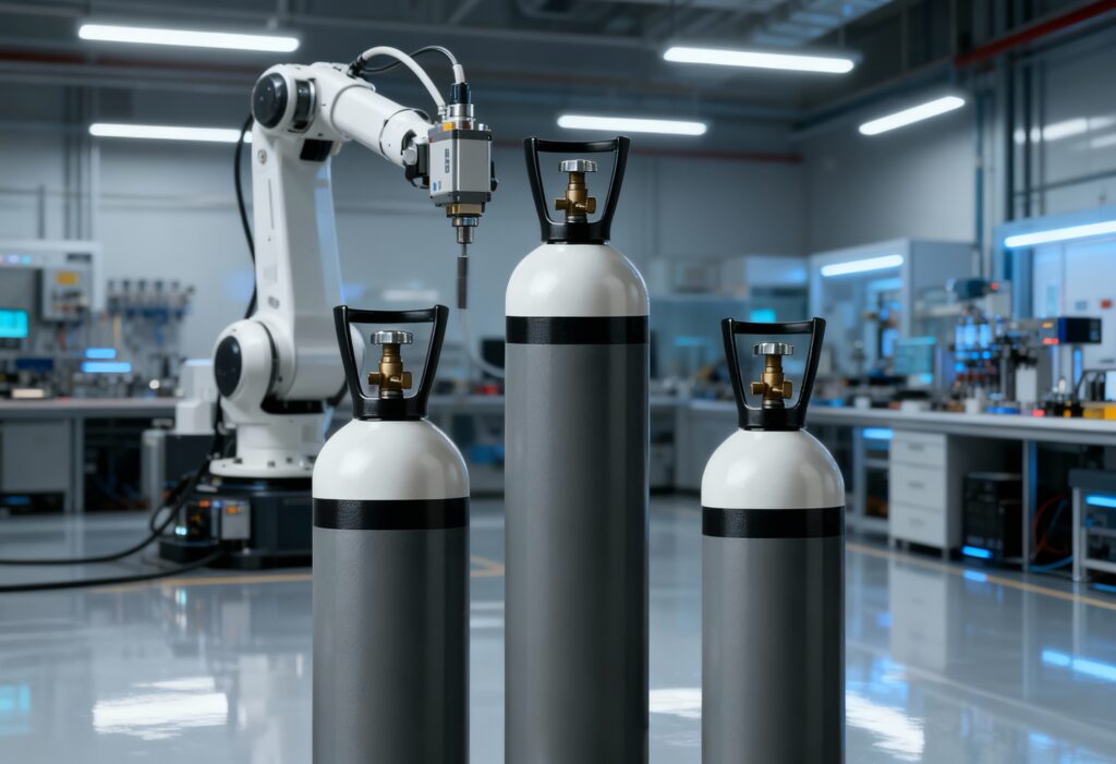 @img1 A cutting-edge industrial robotics lab where a compressed air cylinder (matte grey with white top and black band, 200 Bar valve guard) stands prominently beside a robotic arm. The arm is mid-motion, operating a pneumatic actuator powered by a hose connected to the cylinder. Cool white LED lighting, polished workshop floor, subtle reflections. The cylinder is the central focus with crisp valve detail, while the robotic arm and automation components provide a high-tech backdrop. Shot on Canon EOS R5, 50mm lens, ultra-realistic, sterile and professional aesthetic.