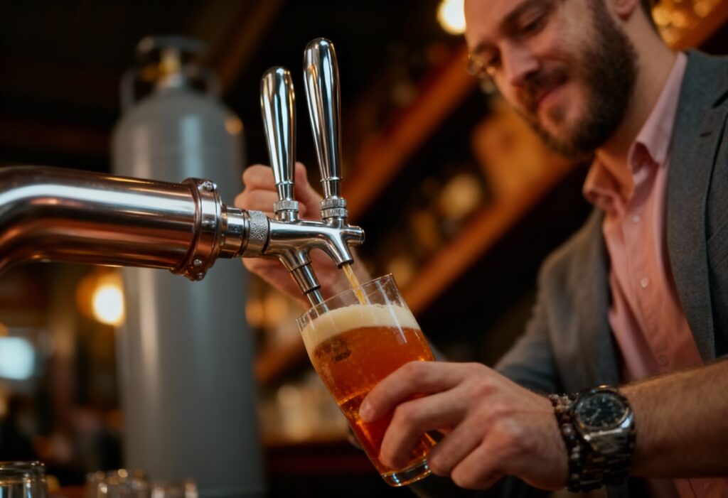 A polished bar counter with twin chrome beer taps and a grey-coloured tallcellar gas cylinder far in background   bar shelves softly blurred in the background, warm ambient lighting, realistic pub environment.