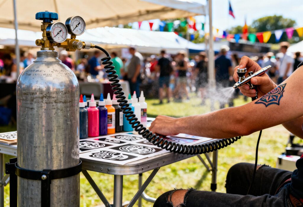 A candid documentary photograph capturing an airbrush artist at work during a bustling outdoor festival. The frame focuses on the practical setup: an unpainted, portable Steel CO2 gas cylinder, fitted with a dual-gauge regulator, is secured upright beside a folding table covered in paint bottles and stencils. A coiled pneumatic hose connects the CO2 regulator directly to the airbrush tool held by the artist, who is spraying a design onto a customer’s forearm. In the background, there are blurred crowds, sunlit canvas stalls, and colorful flags under natural daylight. The style is realistic, unposed, with true-to-life colors, shot on a 35mm lens. Canon EOS R6, 35mm lens, true-to-life colours.
