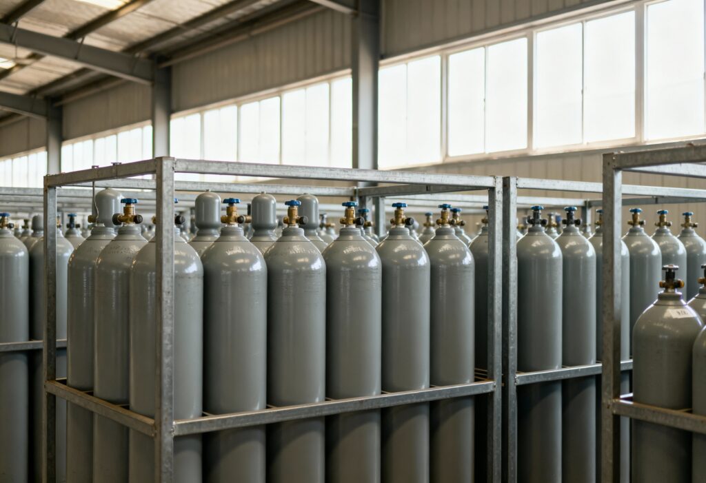 A clean industrial storage area with neatly arranged CO₂ cylinders of multiple sizes on metal racks, clear safety labels visible, soft daylight entering from warehouse windows. High-resolution product photography, shot on Canon EOS R5 with 35mm lens, neutral tones, realistic textures.