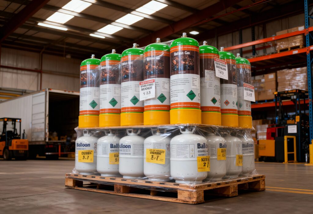 A commercial product photo showing a stack of wholesale disposable helium gas cylinders arranged on a pallet inside a distribution warehouse, labeled “For Trade Customers Only”, bulk packaging visible with clear branding and safety icons, price tags attached for bulk supply deals, industrial shelving and loading equipment in the background, ambient daylight filtering through skylights, shot with a Canon EOS R5, 35mm f/2.8 lens, professional industrial color palette with sharp detail
