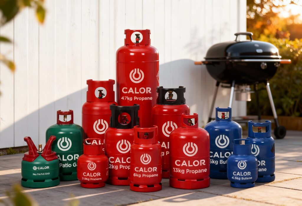 A full lineup of Calor-style gas bottles arranged neatly in the foreground, showing the complete range from smallest to largest. Include accurate red propane cylinders, blue butane bottles, and green patio gas bottles, all in correct proportions with their real-world valve designs and handle shapes. Each cylinder should look clean, realistic, and ready for use. Place the bottles outdoors on a smooth patio stone surface, with a soft lifestyle setting around them. Behind the lineup, add a modern black gas barbecue slightly out of focus, positioned to the right side of the frame, soft bokeh foliage, and warm natural afternoon lighting. Behind everything, place a tall white-painted wooden panel backdrop, like a clean outdoor privacy fence, providing a bright neutral background that makes the bottles stand out. Soft shadows fall naturally behind the bottles. The mood should feel warm, inviting, and practical—perfect for a BBQ or patio gas category. Shot on a Canon EOS R5 with 50mm lens, high-resolution lifestyle product photography, with accurate colours, crisp metal textures, and realistic natural light. No stylisation or exaggeration—just a clean, premium lifestyle image showcasing the full Calor-style range. @img1