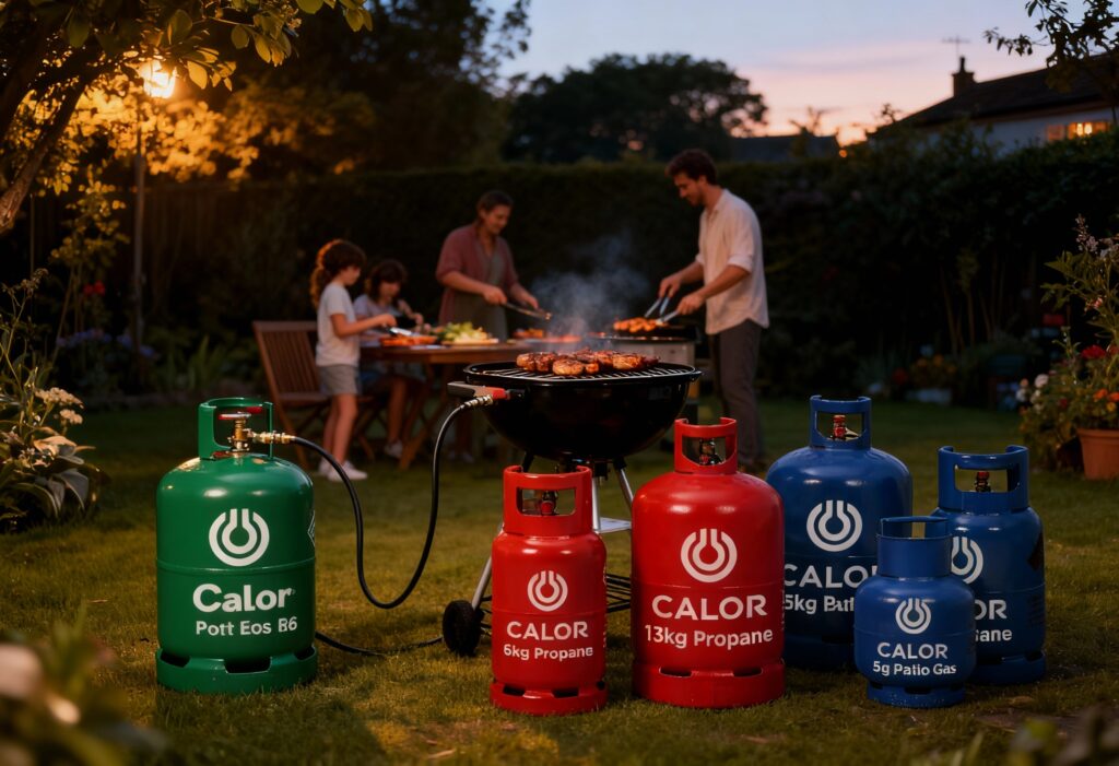 A garden BBQ scene featuring a green Calor-style patio gas bottle connected to a barbecue, family cooking in background, soft warm evening light. Shot on Canon EOS R6, 35mm lens, lifestyle but realistic.