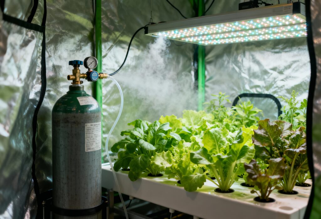 A hydroponic indoor grow tent with leafy green plants under LED grow lights, a CO₂ cylinder connected to a regulator releasing gentle CO₂ into the space. Realistic horticulture environment, soft diffused lighting, no people. Shot on Sony A7R IV, 35mm lens, natural greens and accurate textures.