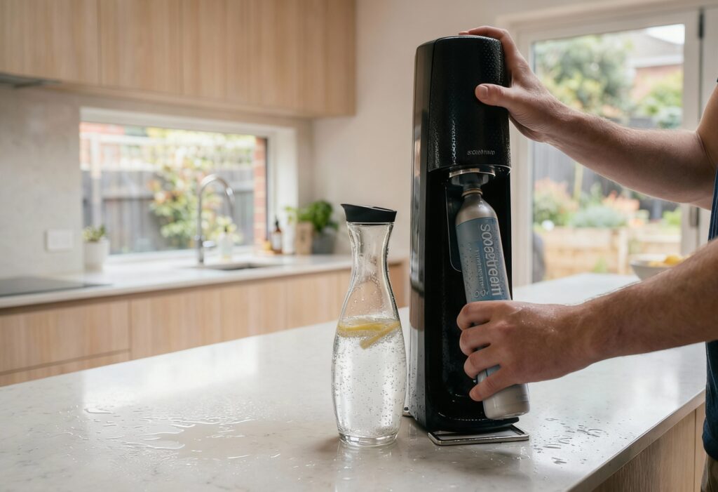 A kitchen countertop scene where a person holds a small SodaStream cylinder setting up for us for drinks, A sparkling water bottle with bubbles sits nearby. Clean modern kitchen, soft daylight, shot on Sony A7R III, 35mm lens, realistic textures.@img1