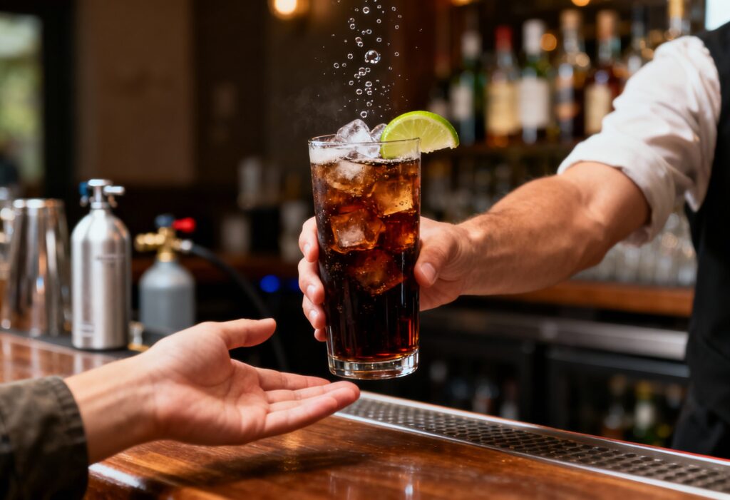 A realistic bar scene where a bartender’s hand is passing a tall glass of dark cola with ice cubes and a lime wedge on the rim across the counter to a customer. Gentle bubbles rising in the glass, soft bar lighting, bottles blurred in the background. A CO₂ cylinder is subtly visible near the bar station. Shot on Canon EOS R5, 50mm lens, warm natural tones, high detail.