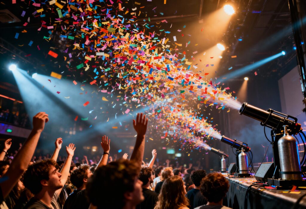 A realistic indoor event scene with colourful confetti falling through the air over a crowd at a concert or club, people with hands raised, stage lights creating beams through the confetti. At the side of the stage, a confetti cannon is visible with a connected CO₂ cylinder. Shot on Sony A7S III, 35mm lens, dynamic but natural lighting, documentary style.