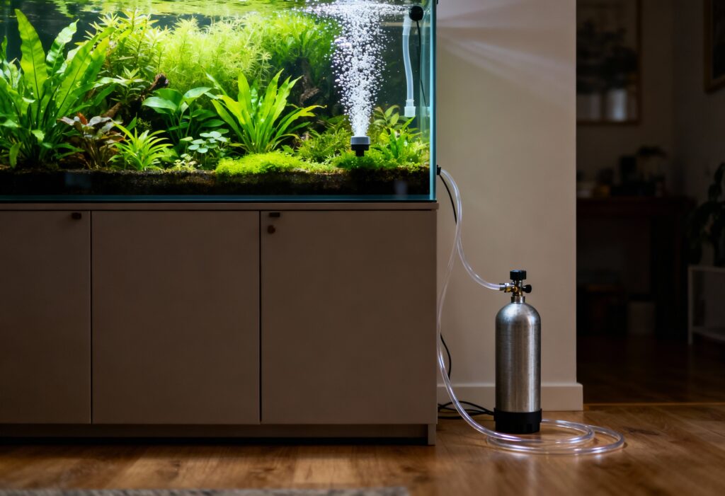 A realistic living room scene with a planted aquarium on a cabinet, bright green aquatic plants and a gentle stream of CO₂ bubbles rising from a diffuser. A small CO₂ cylinder sits beside the tank on the floor, connected by clear tubing. Soft natural daylight, calm atmosphere, shot on Sony A7R IV, 35mm lens, detailed but natural colours, no over-saturation.