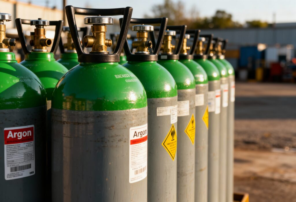 A row of bright green and grey argon gas cylinders arranged outdoors with soft sunlight, safety labels visible, cylinders in sharp focus in the foreground with a blurred industrial yard behind. Shot on Canon EOS R5, 50mm lens, clean professional colour grading.@img1 @img2