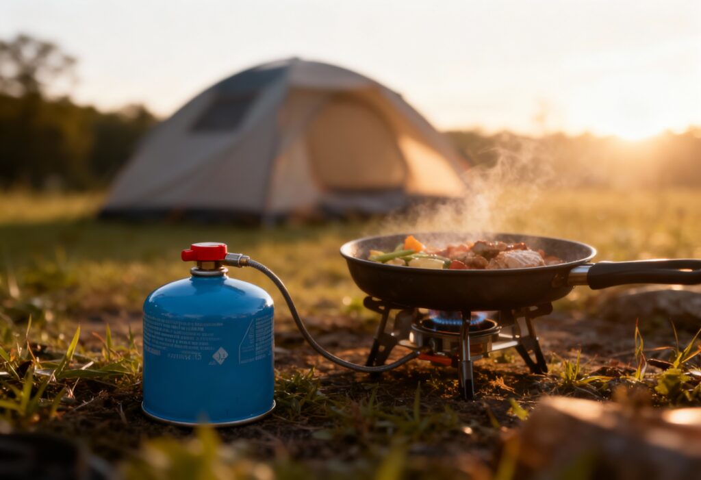 A campsite scene with a small portable stove using a compact Calor-style camping gas bottle (blue or green). Tent in background, early morning light, realistic outdoor atmosphere. Shot on Fujifilm X-T5, 35mm lens.
