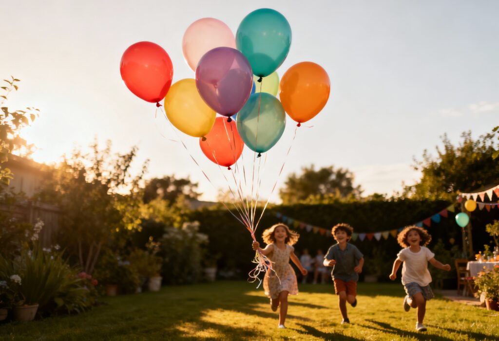 A group of colourful helium-filled balloons floating upward at a garden celebration during golden hour. Children laughing and running in the background, soft warm light, long shadows, dreamy lifestyle atmosphere. No cylinder in shot. Cinematic, natural, shot on Sony A7R IV, 35mm lens.