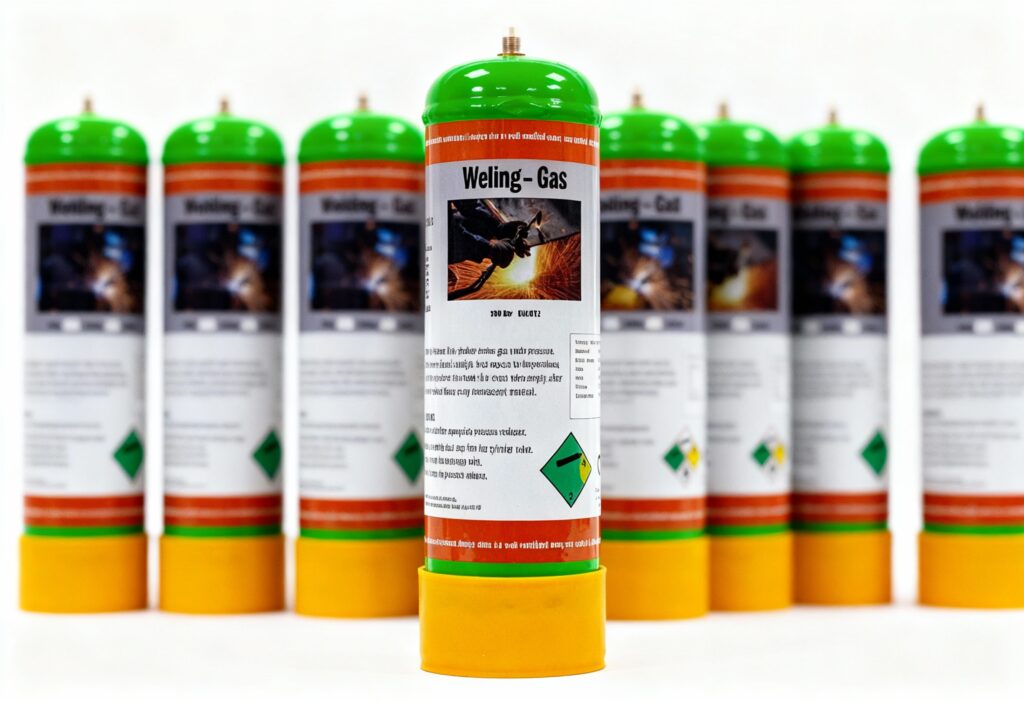A row of slim disposable welding gas cylinders with green tops and yellow bases standing upright on a white background, clear labels showing welding gas mixes and safety icons. Front cylinder in sharp focus, others slightly blurred behind. Shot on Canon EOS R5, 50mm lens, crisp product photography.@img1 @img2