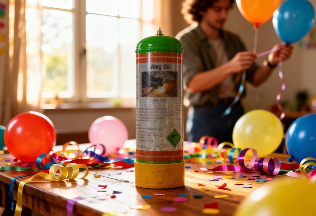 .@img1 @img2A disposable helium cylinder standing on a wooden party table covered with colourful balloons, ribbons and confetti. A person in the background is tying a balloon, softly blurred so the cylinder stays in focus. Warm natural daylight pouring through a window, happy atmosphere, realistic textures, shot on Canon EOS R5 with a 35mm lens.