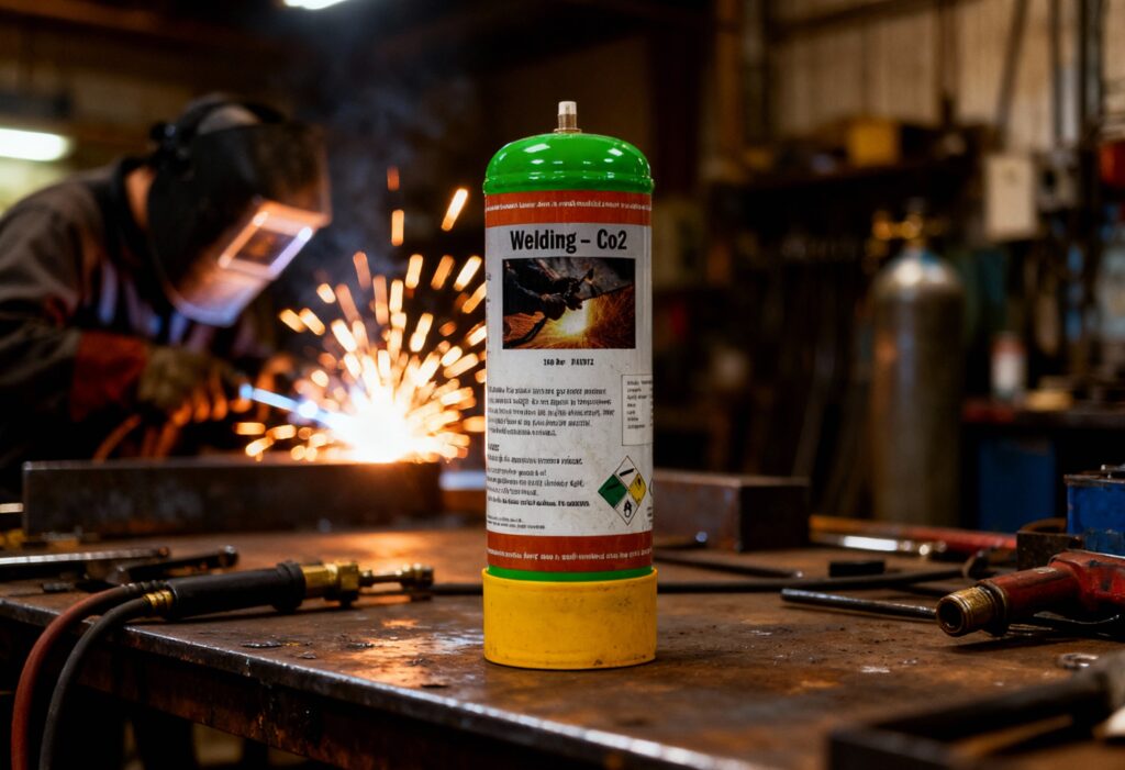.@img1 @img2A disposable welding gas cylinder standing upright on a busy workshop bench, sparks flying in the background from someone welding out of focus. Cylinder is hero and crisp, warm industrial lighting, gritty atmosphere, real metal textures. Shot on Sony A7R IV, 50mm lens, cinematic realism.