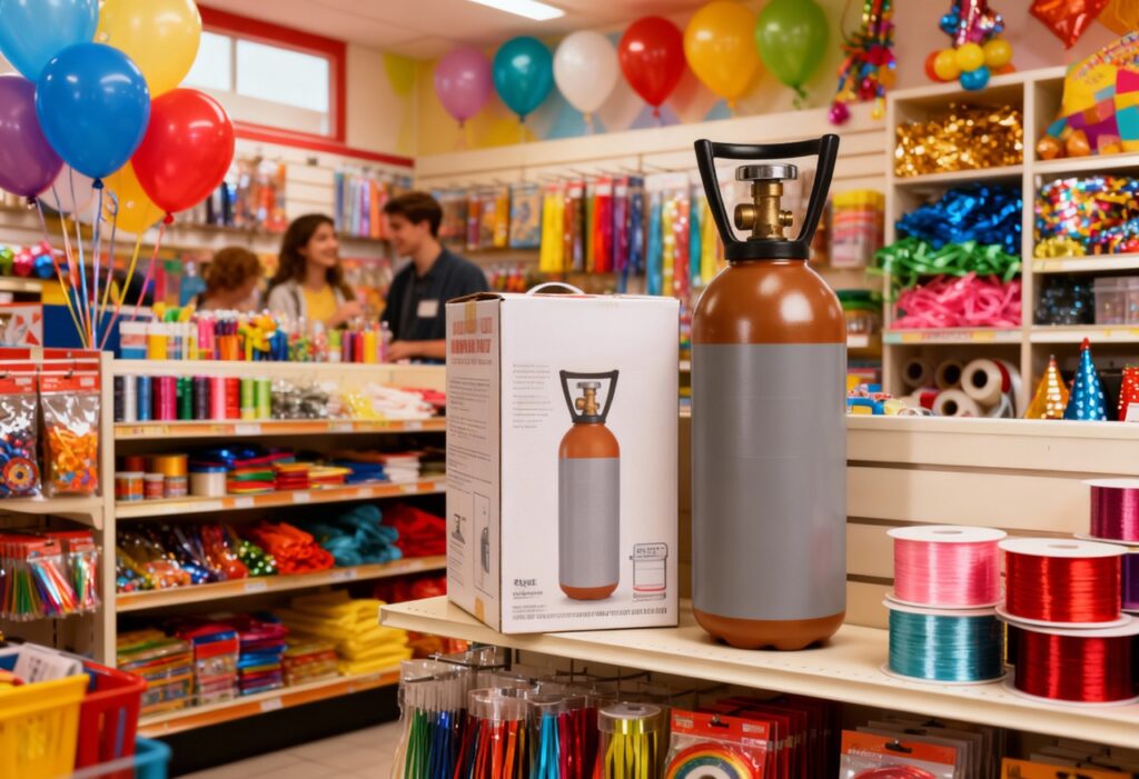 @helium Shelves full of balloon supplies, ribbons, and disposable helium kits inside a party supply store. Bright colours, lifestyle shopping feel. Cylinder appears only as a boxed product on a shelf.