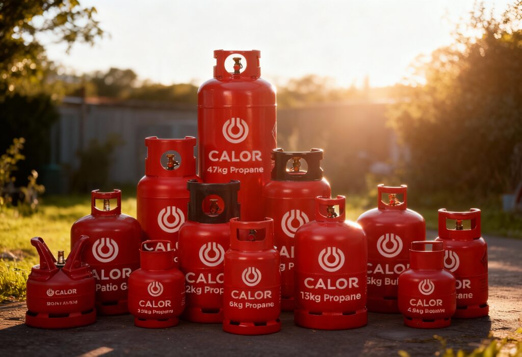 A group of red Calor-style propane gas cylinders arranged in rows outdoors, sunlit with clean industrial styling. Cylinders of multiple sizes, crisp safety valves visible. Shot on Sony A7R IV, 50mm lens, natural colours, high realism.@img1