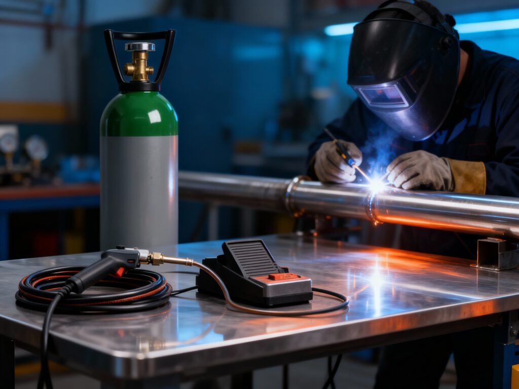 A precision TIG welding station in a modern workshop: a stainless steel table with a clean TIG torch, foot pedal and neatly coiled leads, with a tall refillable argon cylinder standing just behind the bench. In the background, a welder in a dark hood and gloves is carefully welding a stainless pipe, a tight, bright TIG arc reflecting on the polished metal. The refillable cylinder and regulator are in crisp focus, the welder and workshop softly blurred.
