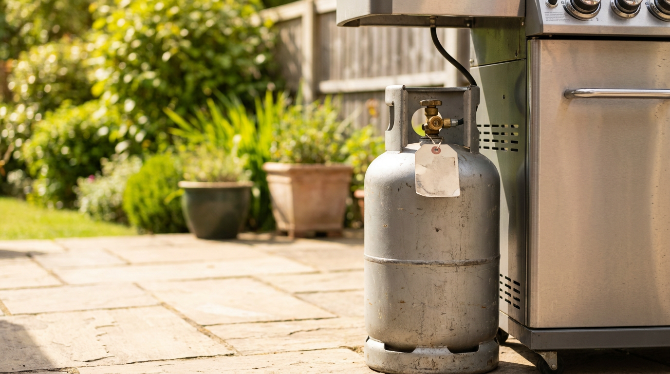 A patio gas bottle standing beside a gas barbecue on a sunny garden patio