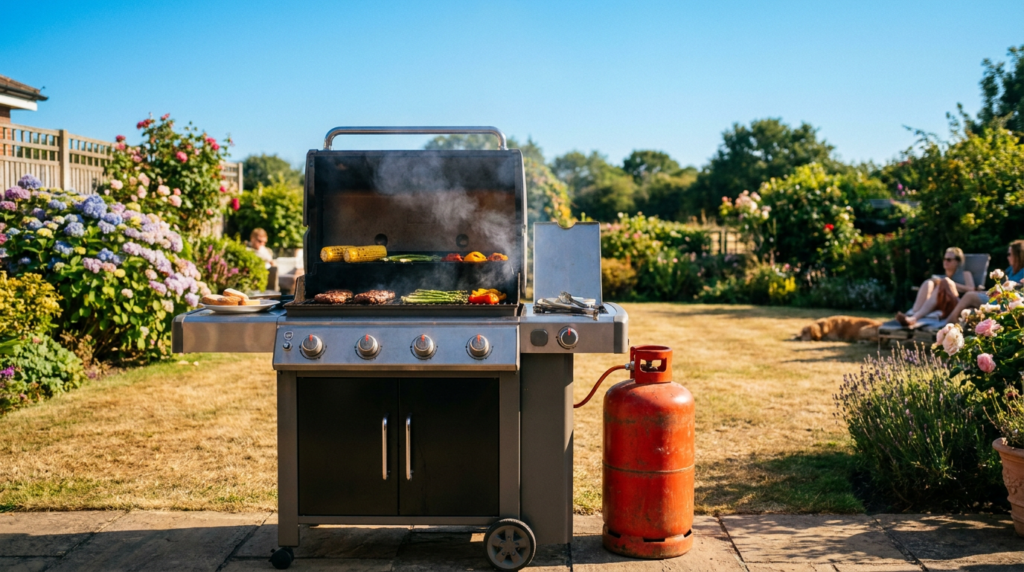Gas barbecue grilling food on a sunny garden patio with a connected patio gas bottle during a UK heatwave