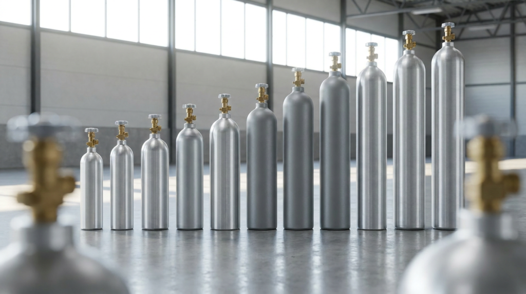 A neat row of silver and grey CO2 gas cylinders in varying sizes in a clean warehouse