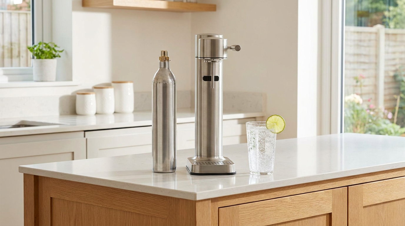 A food-grade CO2 cylinder beside a sparkling-water maker and a glass of freshly carbonated water on a kitchen worktop
