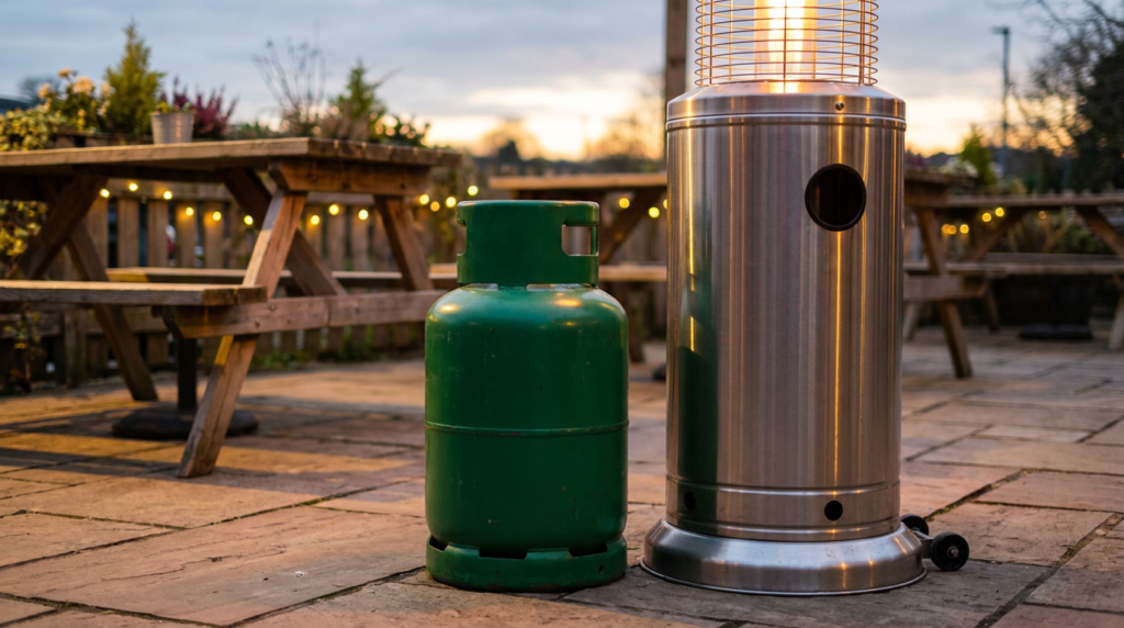 Green propane patio gas bottle beside a glowing outdoor patio heater in a UK beer garden at dusk