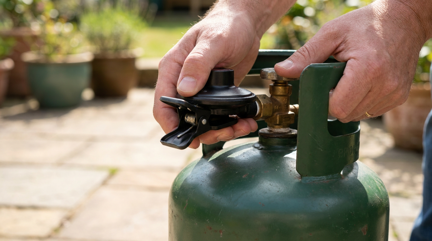 Hands fitting a clip-on gas regulator to a green propane patio gas cylinder