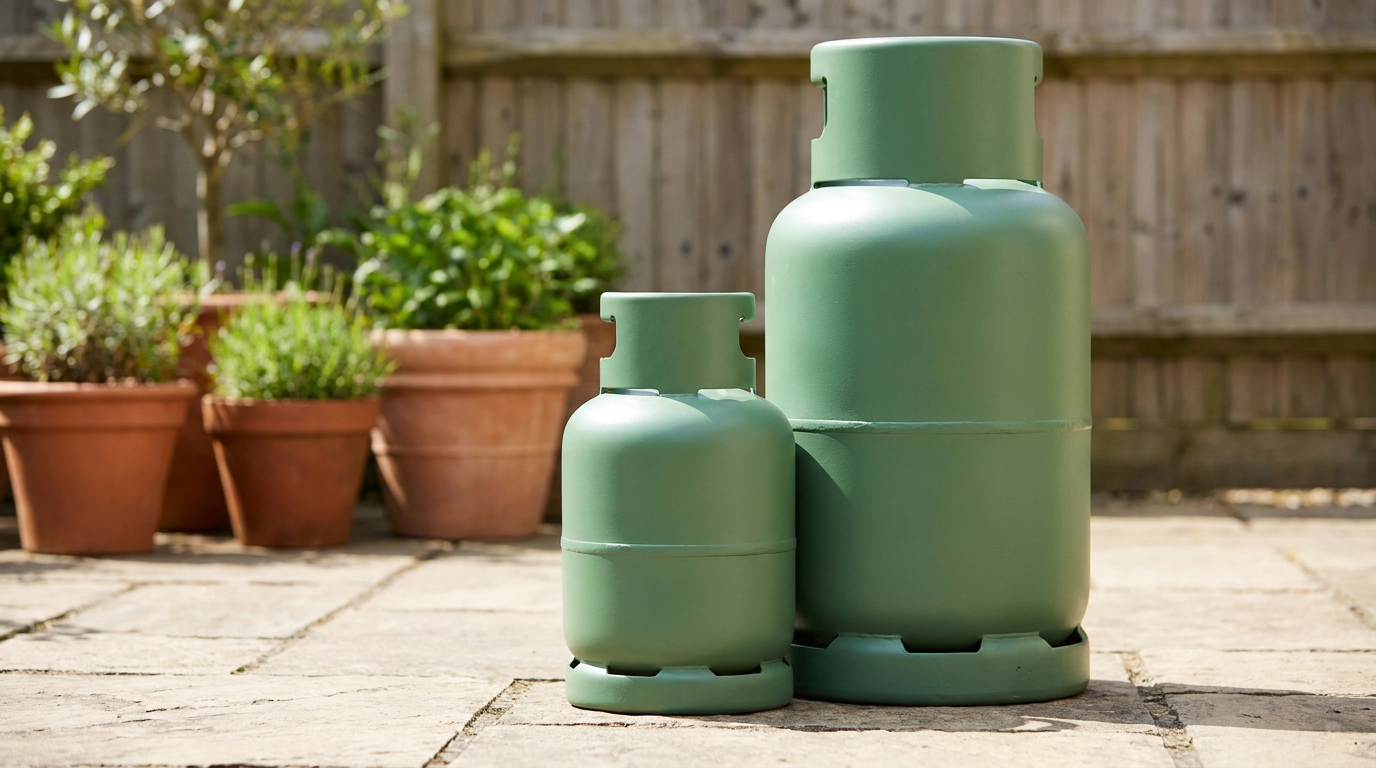 A small 5kg and a larger 13kg green propane patio gas bottle side by side on a patio
