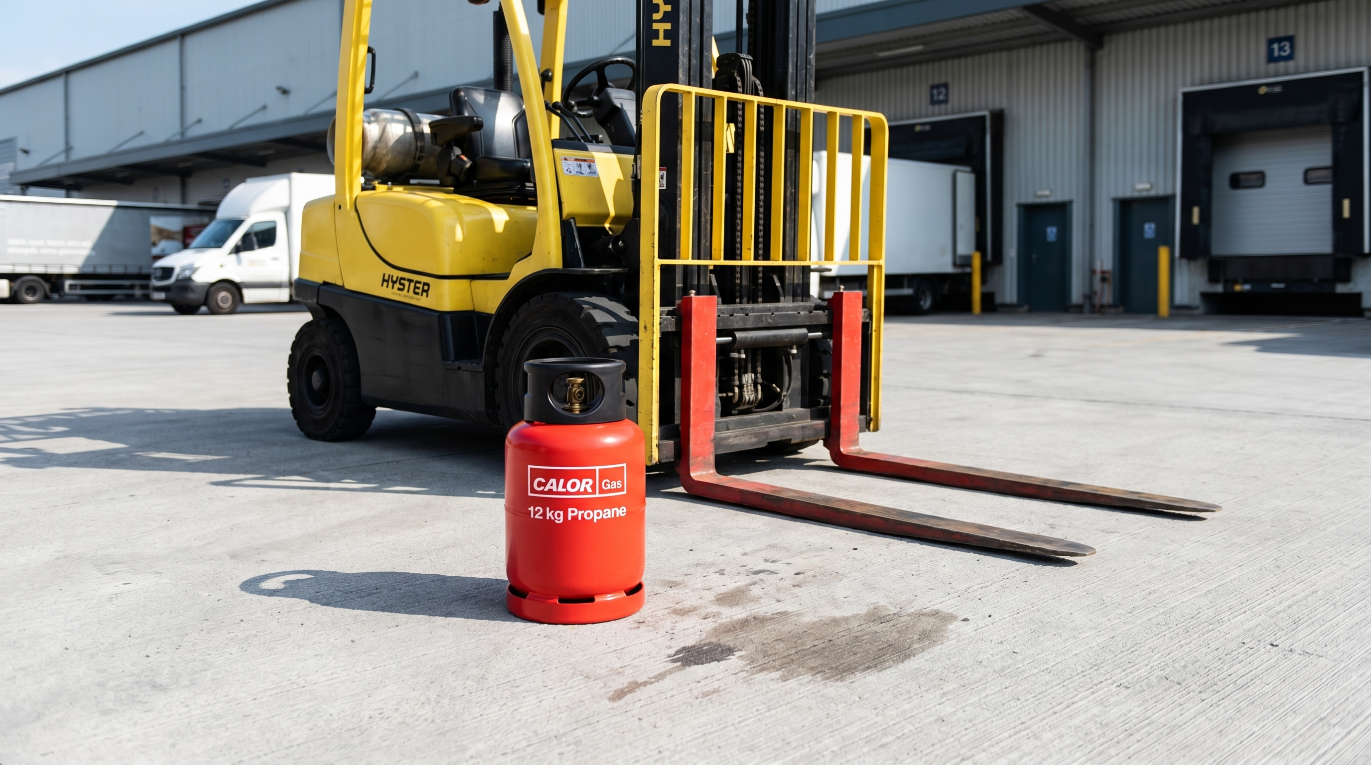 A red Calor 12kg propane autogas bottle on a warehouse loading yard beside a forklift truck