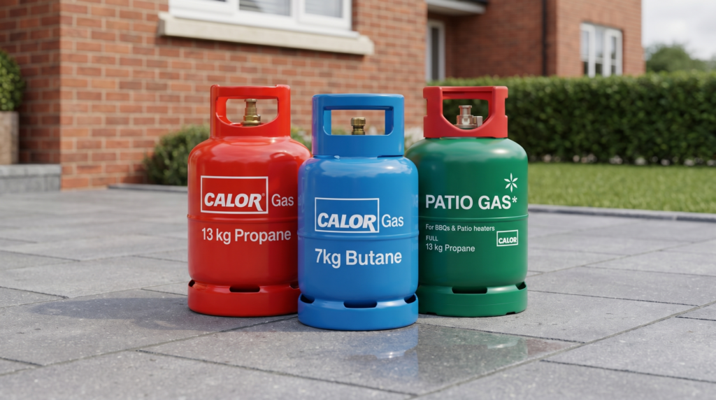 Red propane, blue butane and green patio gas Calor bottles outside a UK home