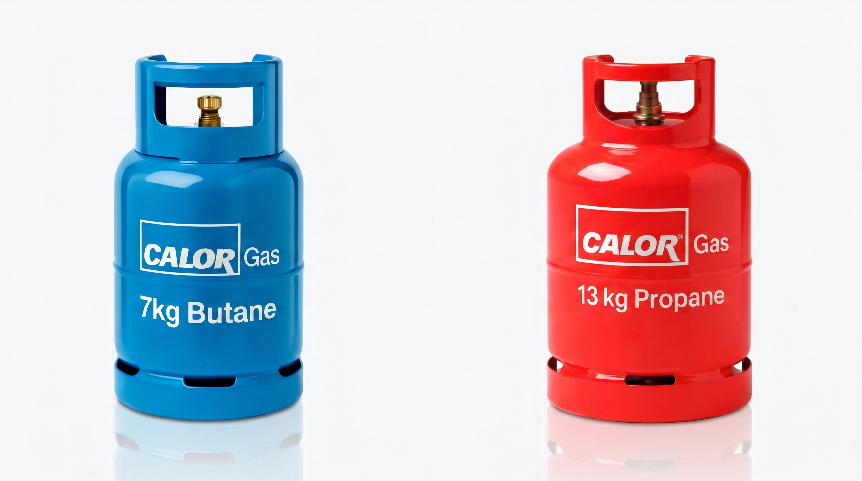 Blue 7kg butane and red 13kg propane Calor bottles side by side on a white studio background