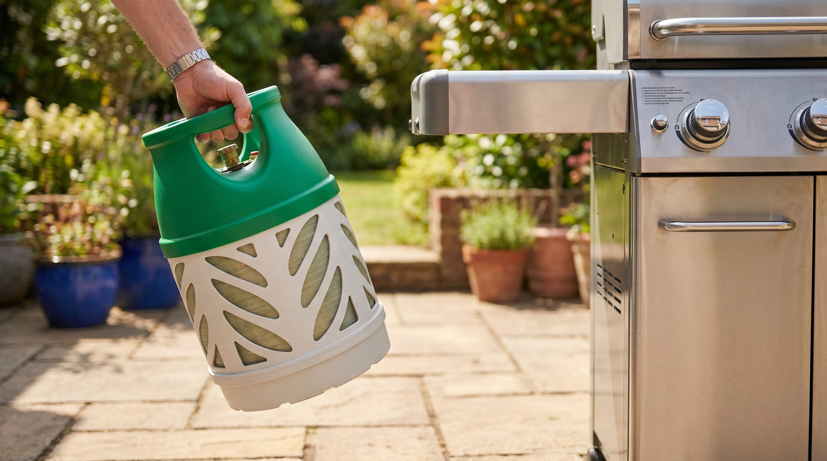 A lightweight green-and-white Gaslight propane refill bottle being lifted by hand next to a gas BBQ in a garden
