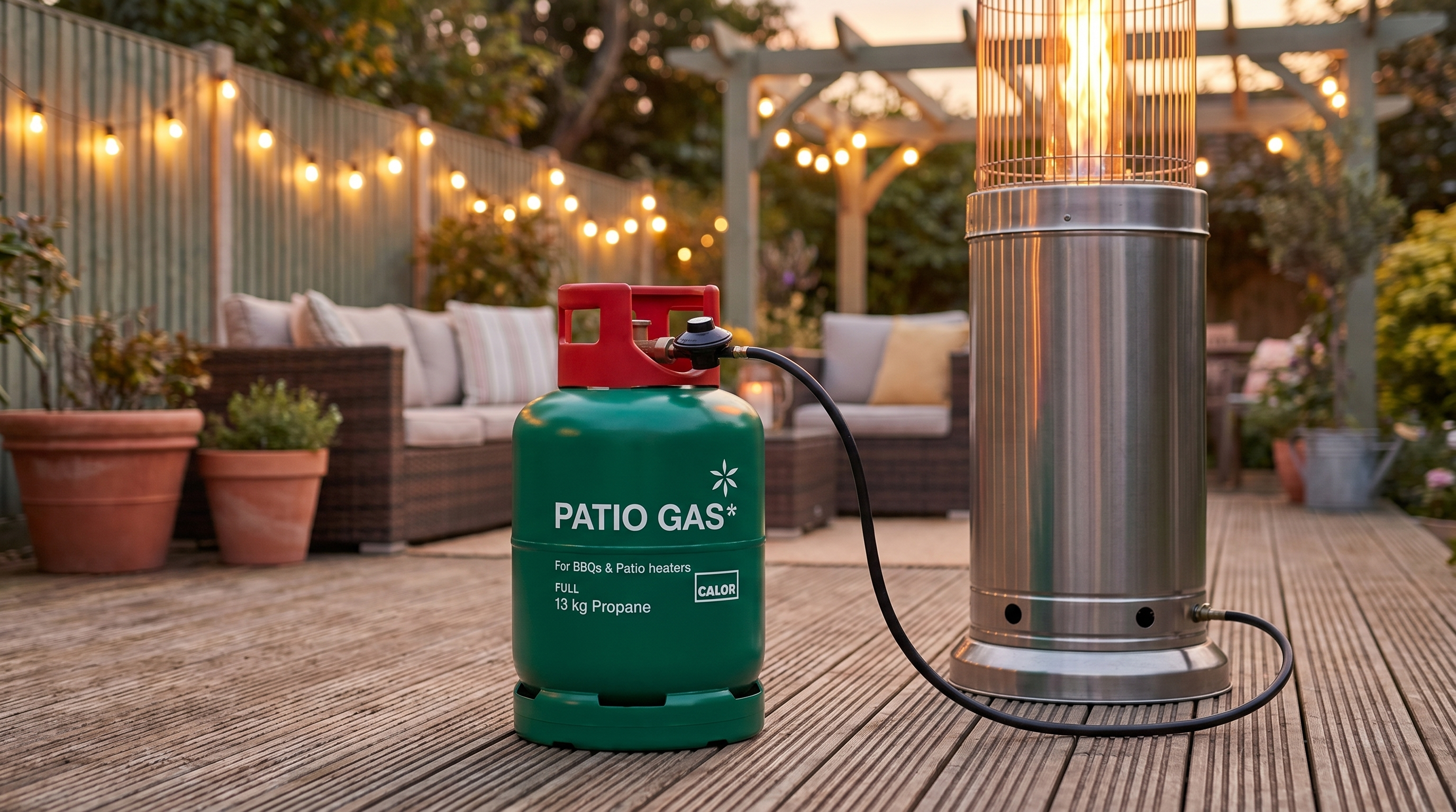 A green Calor Patio Gas bottle connected to a stainless steel patio heater on garden decking at dusk