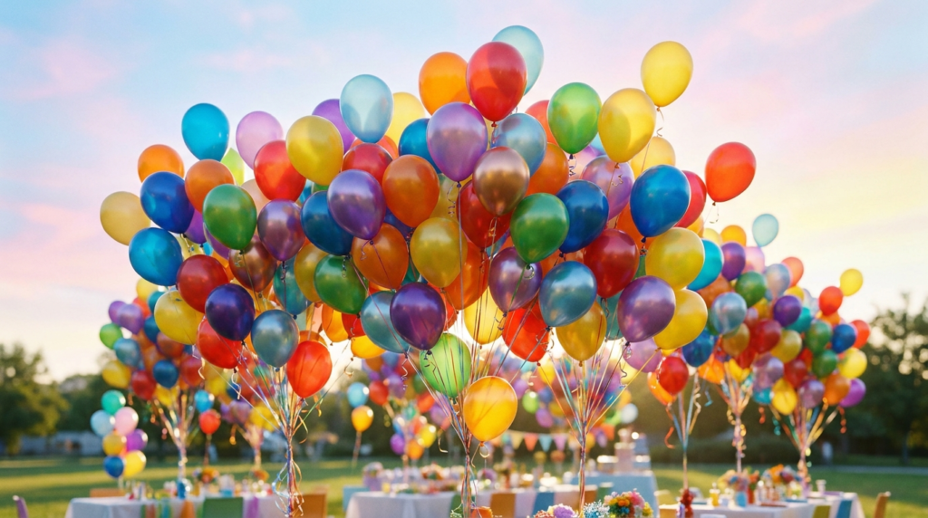 Colourful helium-filled party balloons floating at a celebration