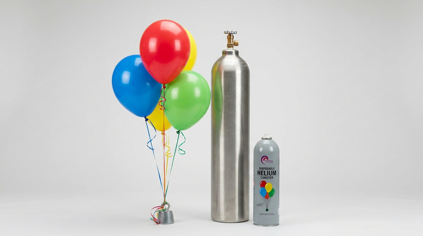 A refillable helium cylinder next to a small disposable helium canister with balloons