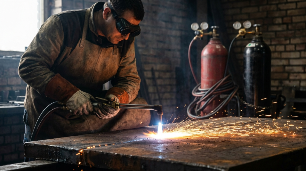 Metalworker using an oxy-fuel cutting torch on steel plate