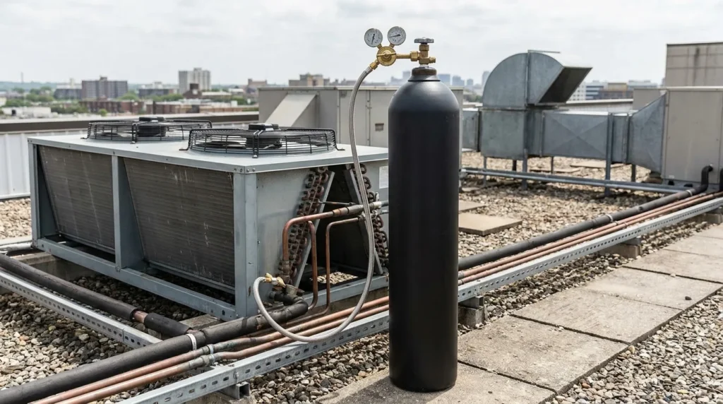 Oxygen-free nitrogen OFN cylinder with twin-gauge regulator connected to air conditioning pipework